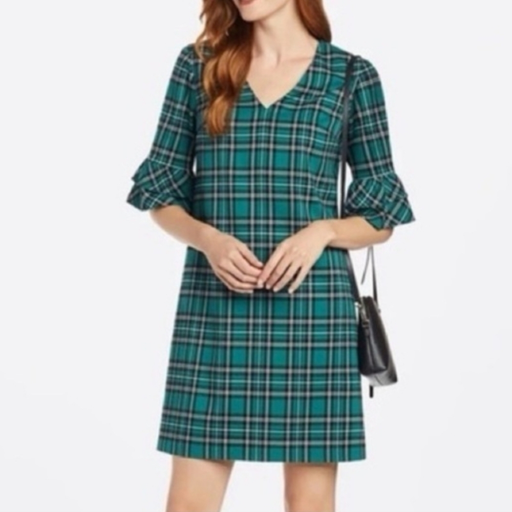 2 NWT Draper James Angie Check Ruffle Sleeve Shift Dress in Pine Green